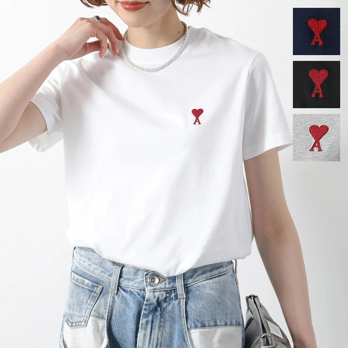 ami paris アミパリス Tシャツ BFUTS035.724 レディース Ami de Coeur 半袖 クルーネック カットソー ハートロゴ 刺繍 コットン カラー4色