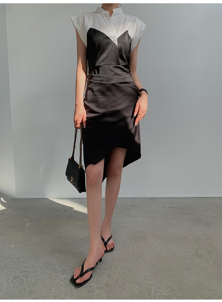 レディース ファッション エレガント ノースリーブ シャツ ドレス 女性 夏 スリム ステッチ バッグ ヒップ ミッドレングス スカート ブラック ＳＭＬ かわいい 大人可愛い きれいめ シンプル