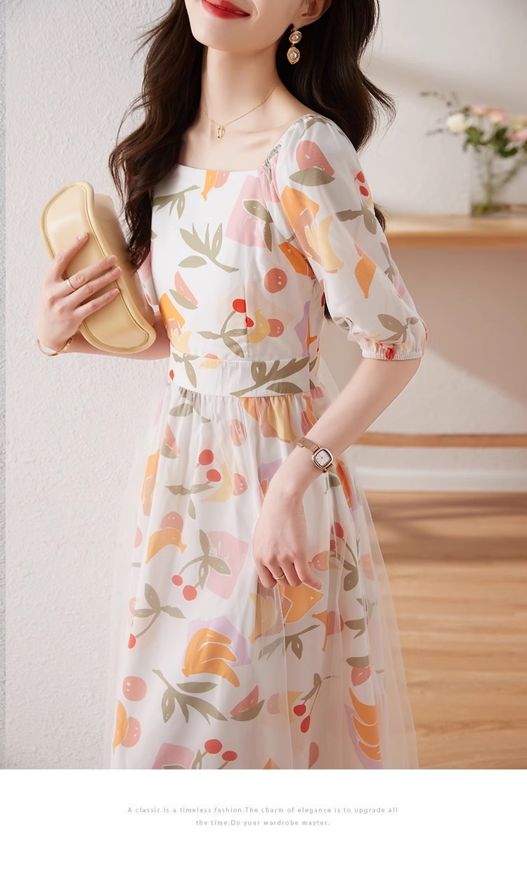 花柄 ドレス 女性 夏 スリム フランス プリンセス ドレス 個性的 ワンピース 膝下 袖あり 5分袖 五分袖 スクエアネック 襟なし 大人 上品 おしゃれ お洒落 柄 春 夏 10代 20代 30代
