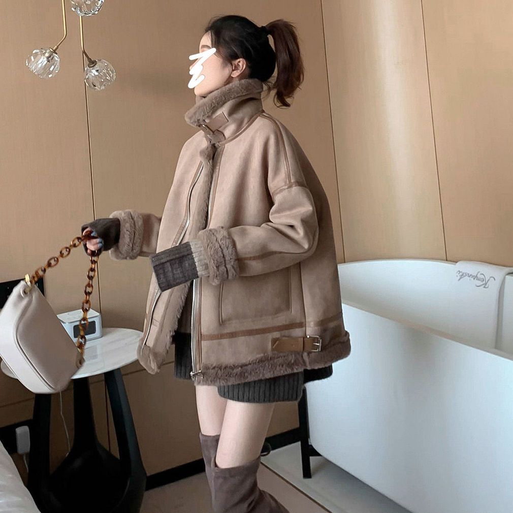 ゆったり厚手秋冬ショートジャケット小香風ラム毛カジュアルジャケットモコモコ厚手コート