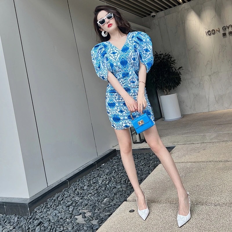 夏 ショートワンピース 小柄 フリル ブルー ドレス パーティー キャバ 着痩せ 大人 お呼ばれ 同窓会 披露宴 卒業式 結婚式 ウェディング 二次会 成人式30%までに制限