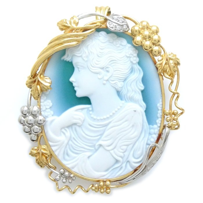 カメオ ブローチ 兼 ペンダントトップ メノウ ダイヤモンド0.09ct K18YG イエローゴールドxPt900プラチナ /78984【中古】