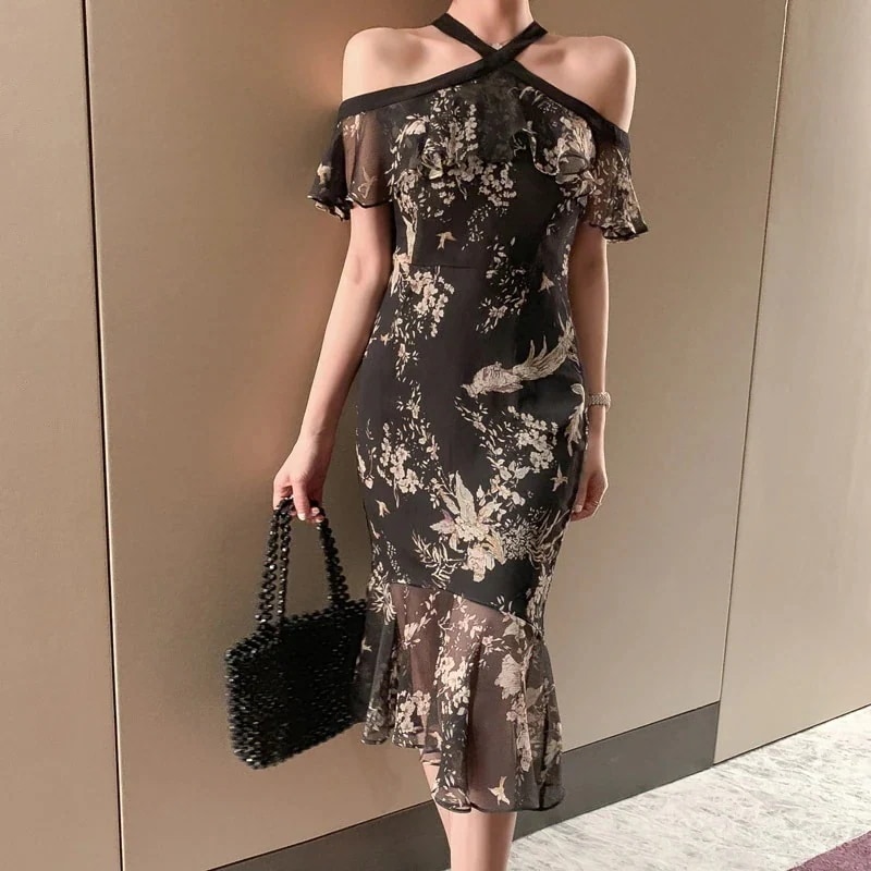 新款 夏 セクシー オフショルダー 吊り下げ フリル プリント スリムフィット スレンダー フィッシュテール ドレス フォーマル パーティードレス 同窓会 結婚式 披露宴 卒業
