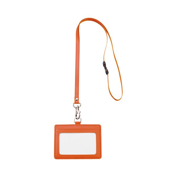 (まとめ) TANOSEE 合皮製ネームカードホルダー ヨコ型 ストラップ付 オレンジ 1個 (×30セット)