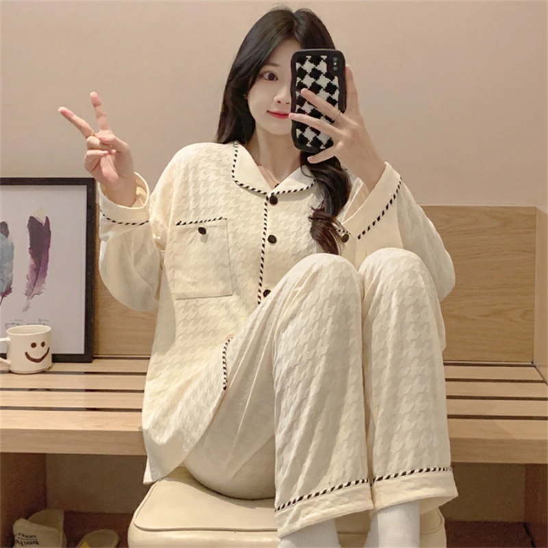 パジャマ ルームウェア レディース 肌触りも良く春秋 前開き ラペル パジャマ 長袖 ロングパンツ ルームウェア 女性 可愛い 部屋着 寝巻き 韓国風