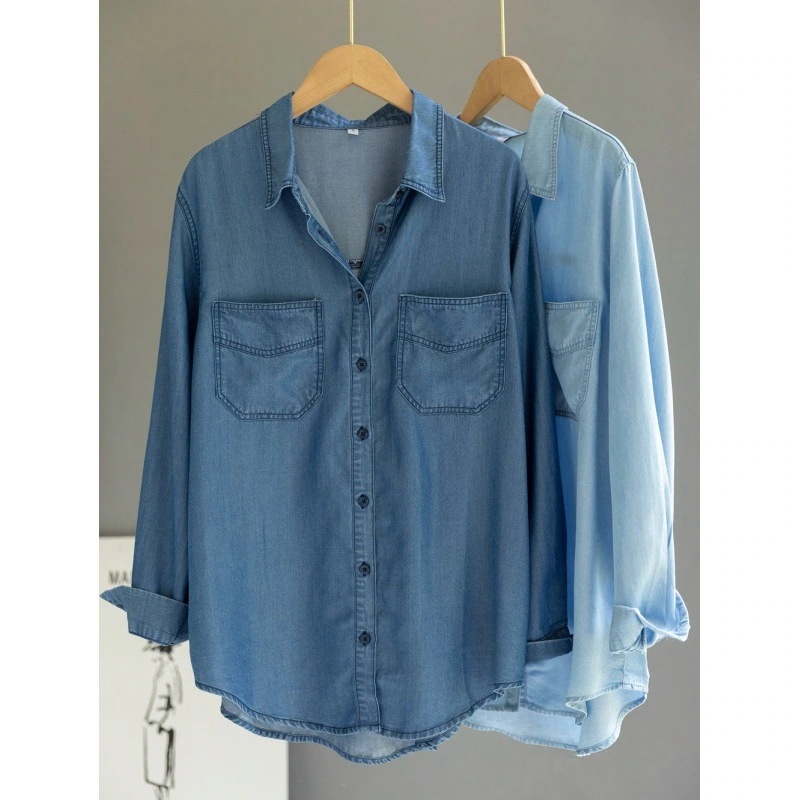 レディースデニムシャツ高級ウォッシュデザインユニークなスタイルゆったりとしたフィット感多用途重ね着可能ドレープ感がありベースレイヤーとして