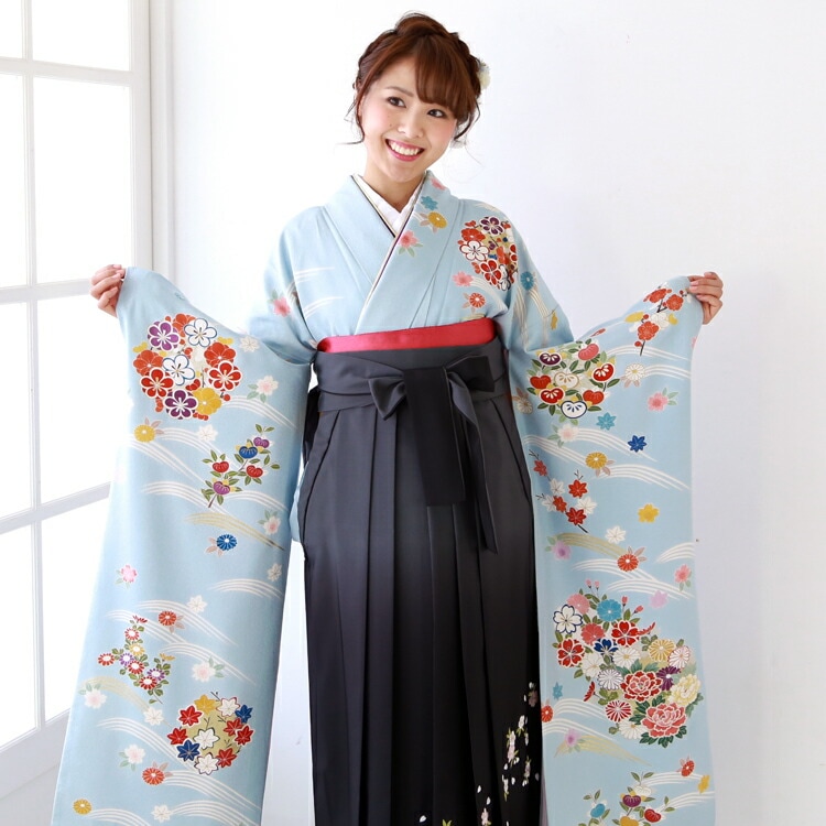 レンタル卒業式 袴 レンタル 女 袴セット 女 卒業式袴セット 正絹 振袖 着物＆袴 フルセットレンタル 安い 水色地に花輪 梅 桔梗 菊 桜 牡丹 楓ハカマ はかま rental