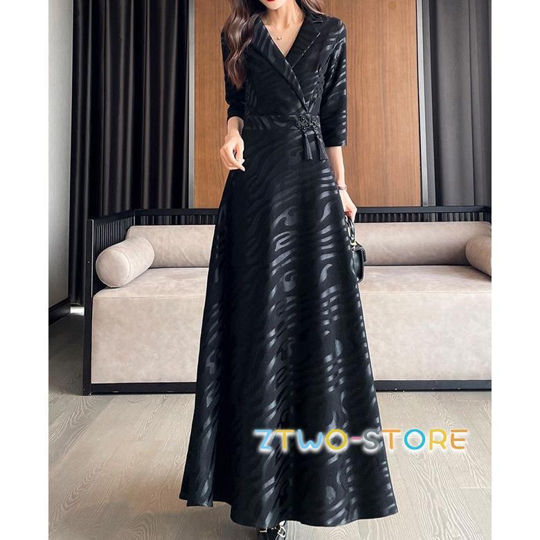 カシュクールワンピース 柄 パーティードレス 大きいサイズ 3L 4L 5L ドレス 結婚式 ワンピース 袖あり 七分袖 ロング丈 お呼ばれドレス ロングドレス 黒