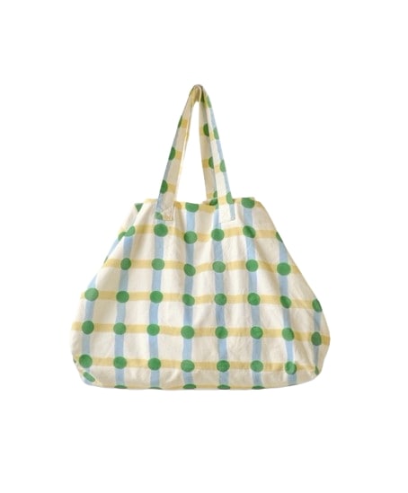 【韓国限定】ドットチェック オックスフォード アップサイクルビッグバッグ - グリーン×ベージュ 感性カラー・大容量トート
