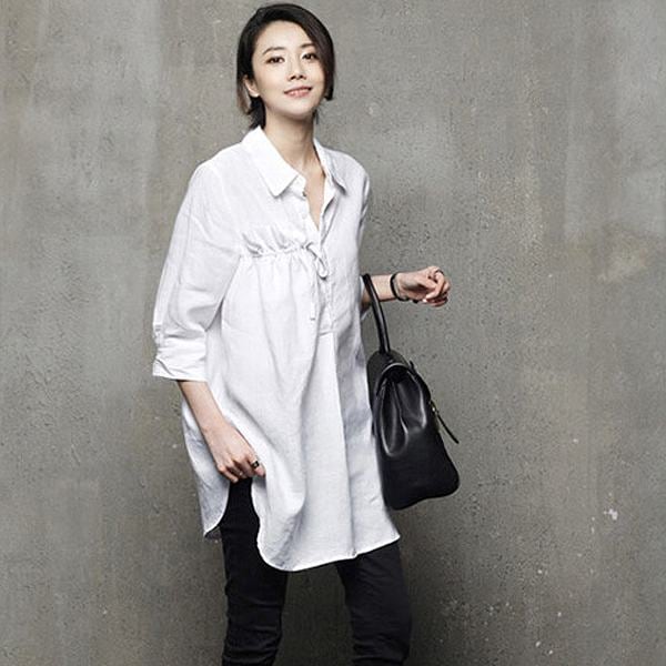 最新の製品 麻 七部袖ブラウス　リネン　トップス　シャツ　チュニック　ホワイト　胸元がポイント