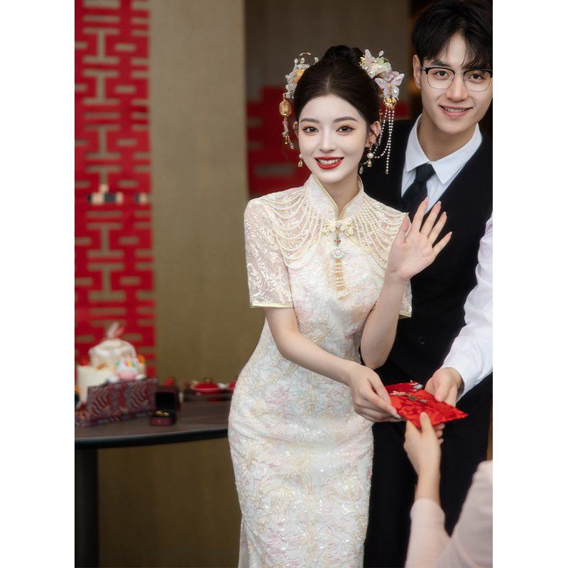 チャイナドレス婚約ドレススカート普段はシャンパン色の敬酒服娘の結婚ワンピース夏を着ることができる