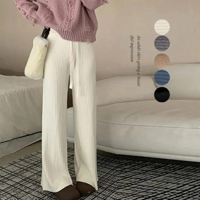 【急速出荷】ストレートパンツ パンツ ニットパンツ レディース 秋冬 ガウチョパンツ パンツ ロングパンツ ニット ワイドパンツ ロング丈 秋物 ウェストゴム 体型カバー リボン付き ニットワイドパン