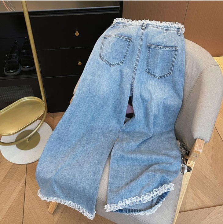 【急速出荷!】パール レース ストレート ジーンズ レディース デニム パンツ ハイウエスト カジュアル クロップドデニム クロップドジーンズ お洒落 ボトムス ジーパン レースステッチ 韓国ファッシ 6,723円