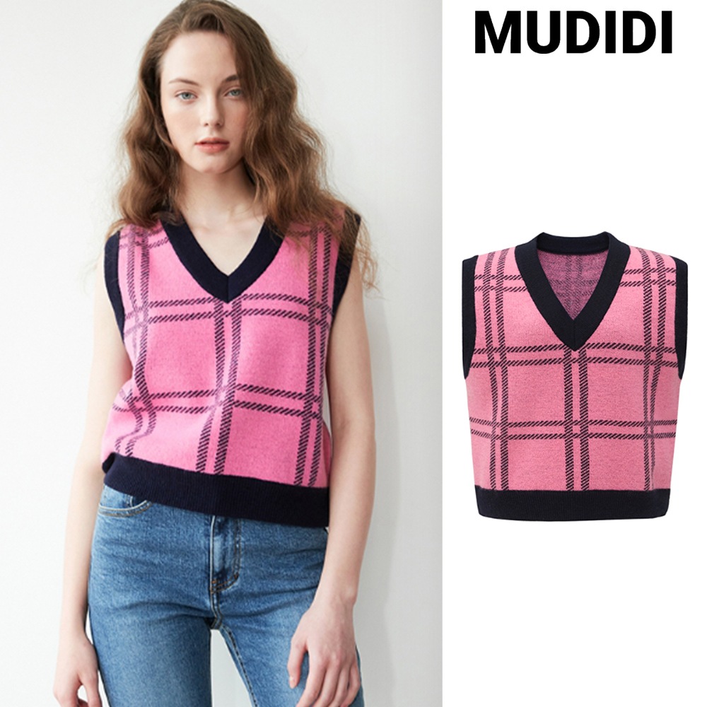 [MUDIDI] V-neck check knit vest 001