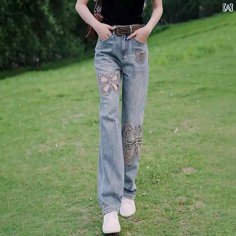 デニム パンツ ボトムス レディース アメリカン レトロ 刺繍 ジーンズ スリムフィット カバー ヒップ トリミング 伸縮性 ワイドパンツ ストレート 青 蝶