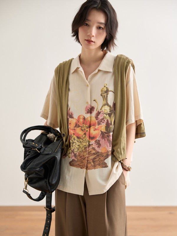 タコの家 油絵風 ピンク 半袖シャツ レディース 夏 小さめデザイン シャツ トップス