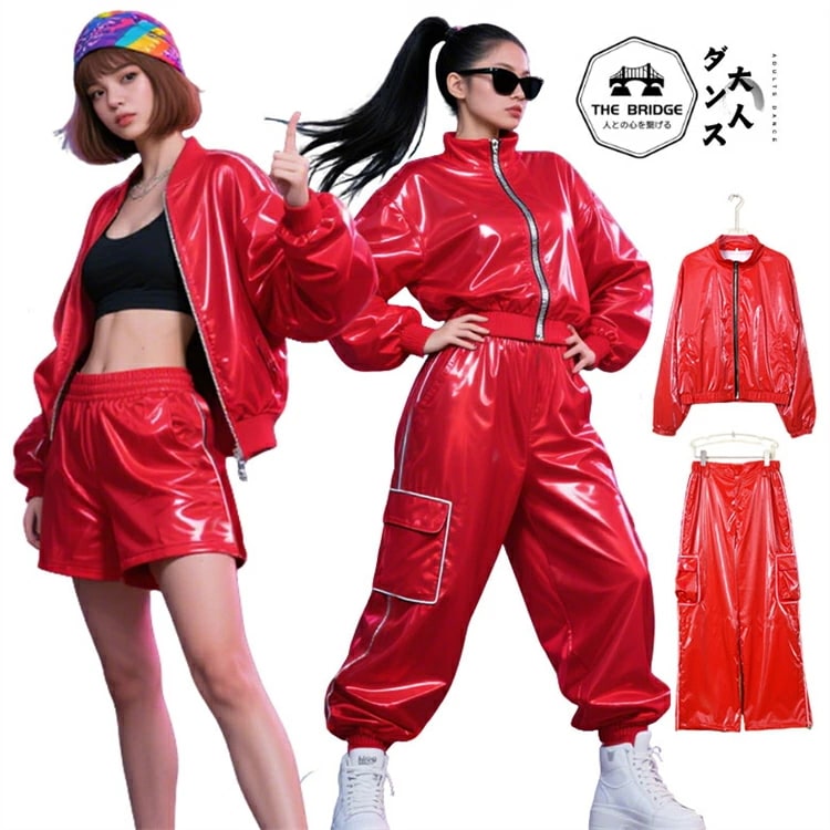2026新型 タイムセール 赤 レザー ダンス衣装 セットアップ レディース 女の子 光沢あり ヒップホップ ダンス衣装 キッズ ジャケット カーゴパンツ 短パン ロングパンツ スポーツ風 上下セット