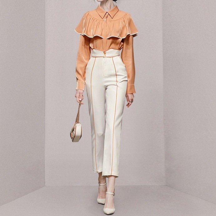 大人フェミニンのラッフルデザインのトップスとハイウエストパンツの上下セット レディース 服 トップス