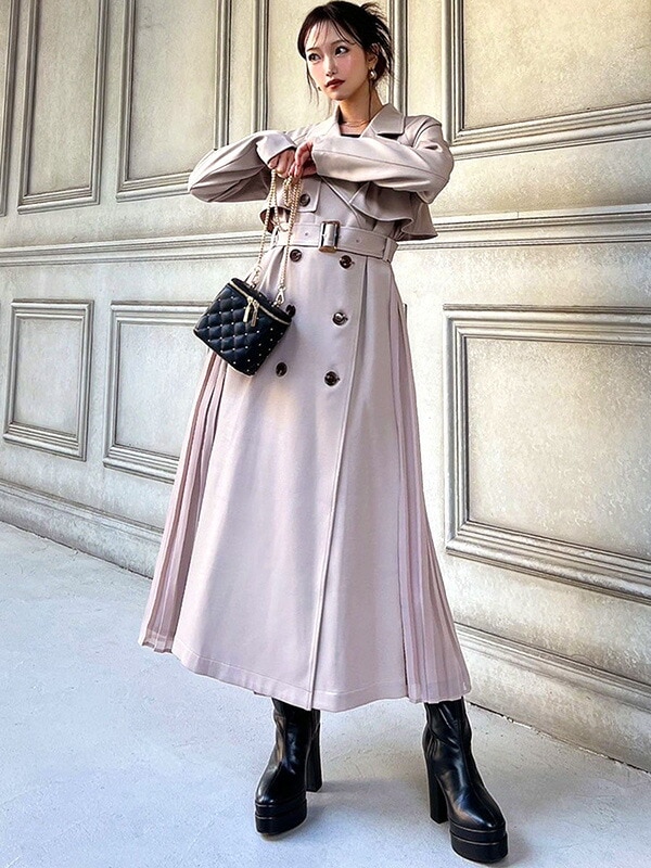 RESEXXY リゼクシー コート サイド プリーツ トレンチ コート レディース きれいめ 大人 おしゃれ かわいい 大きめの襟 ウエストベルト プリーツ ブラック ホワイト ベージュ シアープリー