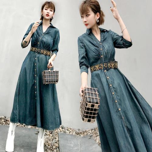 在庫僅少デニム ワンピース シャツ ワンピ ジーンズ ロング 5分袖 ヴィンテージ風 レトロ 春 秋 レディース シャツワンピース 韓国 無地 襟付き 七分袖 ロング丈 大人可愛い ガウンワンピース