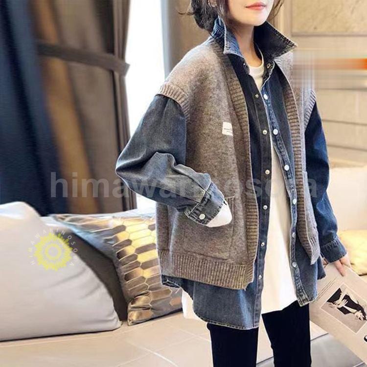 ジャケット レディース ニット 切り替え 長袖 おしゃれ アウター ゆったり フェイクレイヤード トップス 春 秋 ニットジャケット デニム 重ね着風 個性
