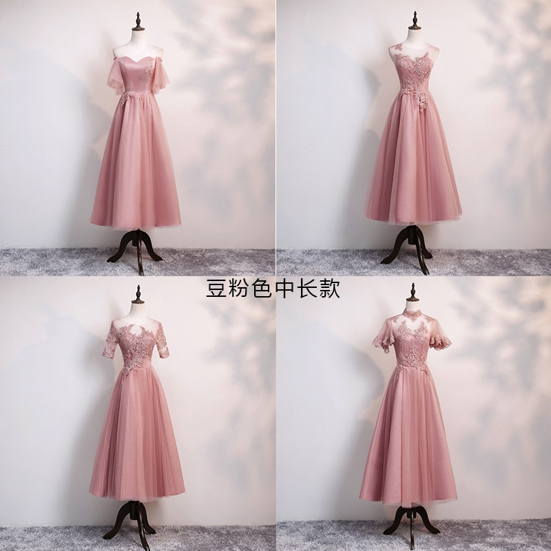 ブライドメイドドレスミドル丈2024夏イブニングドレス女性シスターグループスリムホストピンクグレー