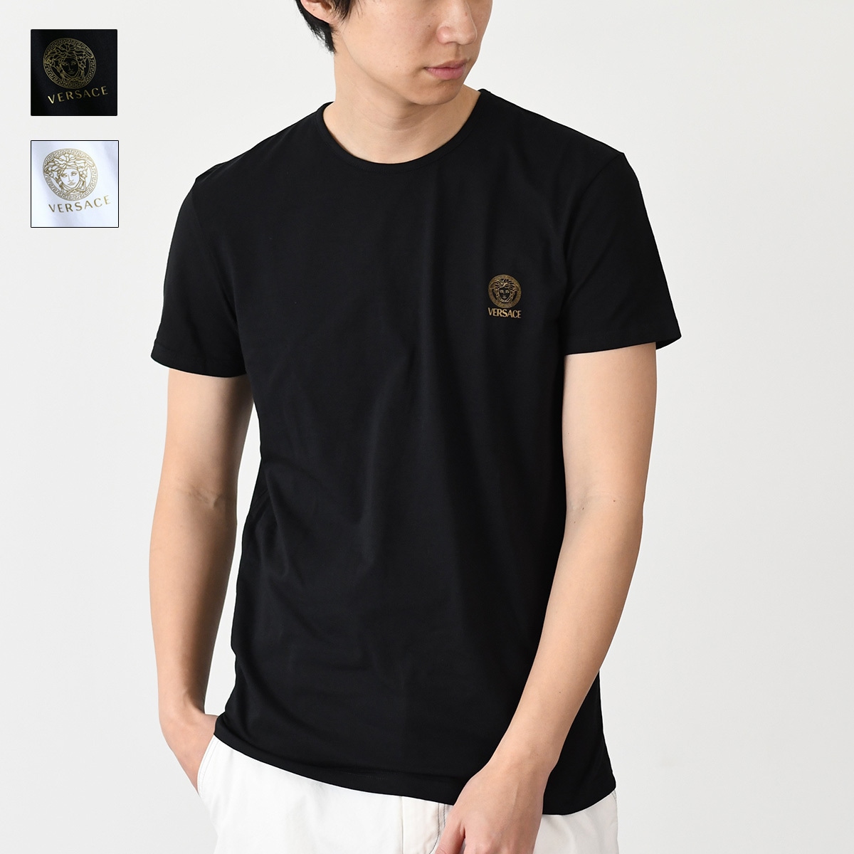 VERSACE ヴェルサーチェ ベルサーチ メデューサ クルーネック Tシャツ AUU01005 1A10011 ヴェルサーチ ホワイト ブラック 丸首 半袖 ロゴ メンズ