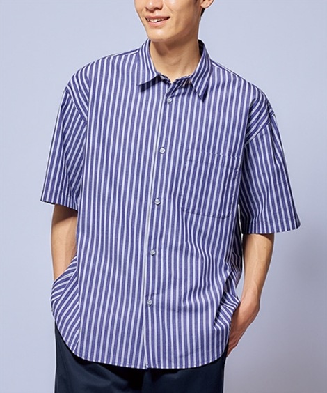 カジュアルシャツ 綿１００％オーバーサイズストライプ５分袖シャツ