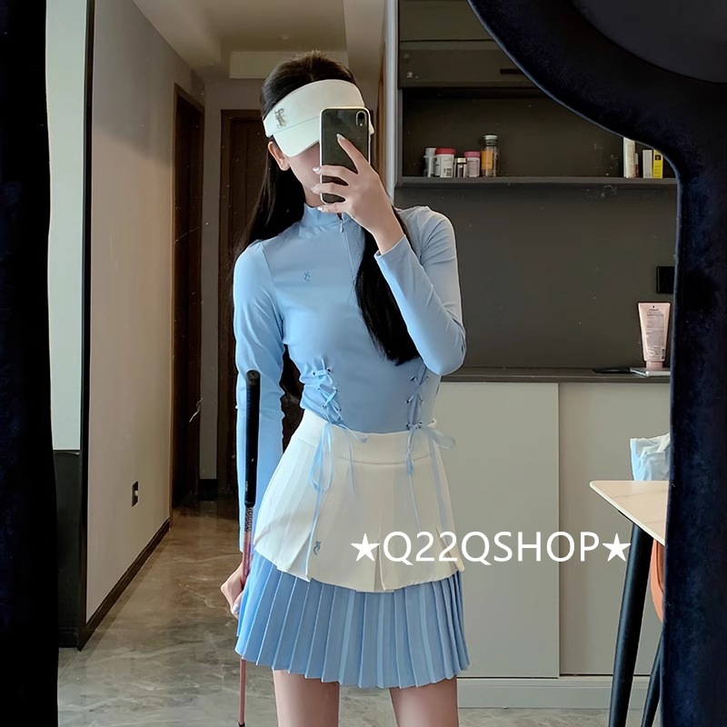 ゴルフウェア 春夏 秋冬 上下セット レディース スポーツウェア トップス Tシャツ 長袖 プリーツスカ ミニスカート ブルー 白 セットアップ 春 女性 テニスウェア 速乾 通気性 韓国風