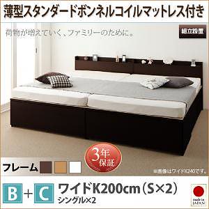 [組立設置付]大容量収納 ファミリーチェストベッド [トラクト] [薄型スタンダードボンネルコイルマットレス付き] B+C ワイドK200 [フレーム色]ホワイト