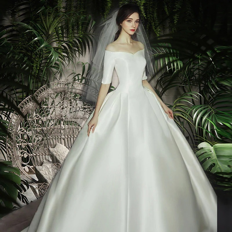 ウェディングドレス 結婚式 花嫁 プリンセスドレス 白ドレス ロングドレス 披露宴 トレーン　引き裾-708