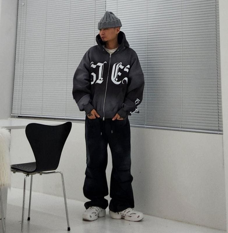 裏起毛ダーティペインティングオフフード(冬の新作軽量パディングスウェットシャツ)