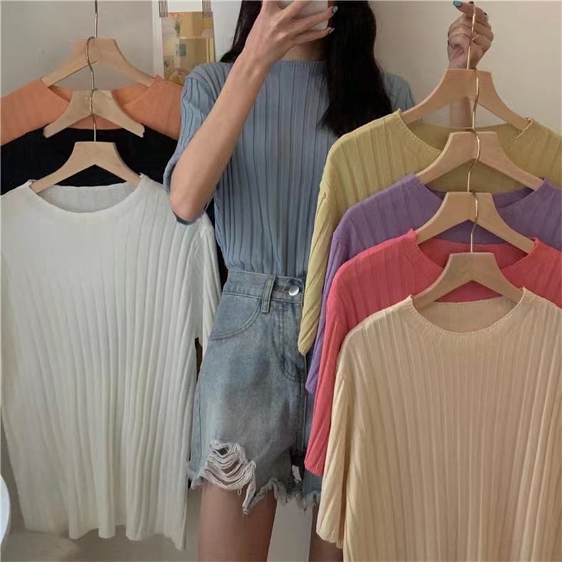 トップス Tシャツ カットソー ニットソー 袖あり 半袖 ラウンドネック スリム プリーツ かわいい 大人可愛い きれいめ シンプル カジュアル おしゃれ 無地 春 夏 10代 20代 30代 40代