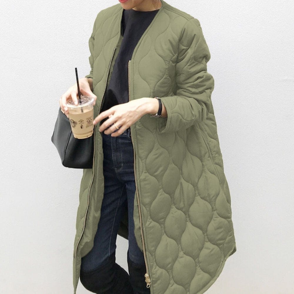 中綿コート レディース アウター ダウンコート 切り替え ノーカラー キルティング ミリタリー アーミー マニッシュ 薄手 韓国風 幾何学模様 ロング丈 軽い 軽量 冬服 厚手 アウター lout00
