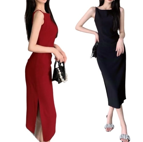 ストラップ ワンピース ドレス ノースリーブ タイト サイドスリット ハイウエスト 無地 ミモレ丈 上品 高見え ロング丈 かわいい 大人可愛い きれいめ シンプル カジュアル 大人 上品 lone0