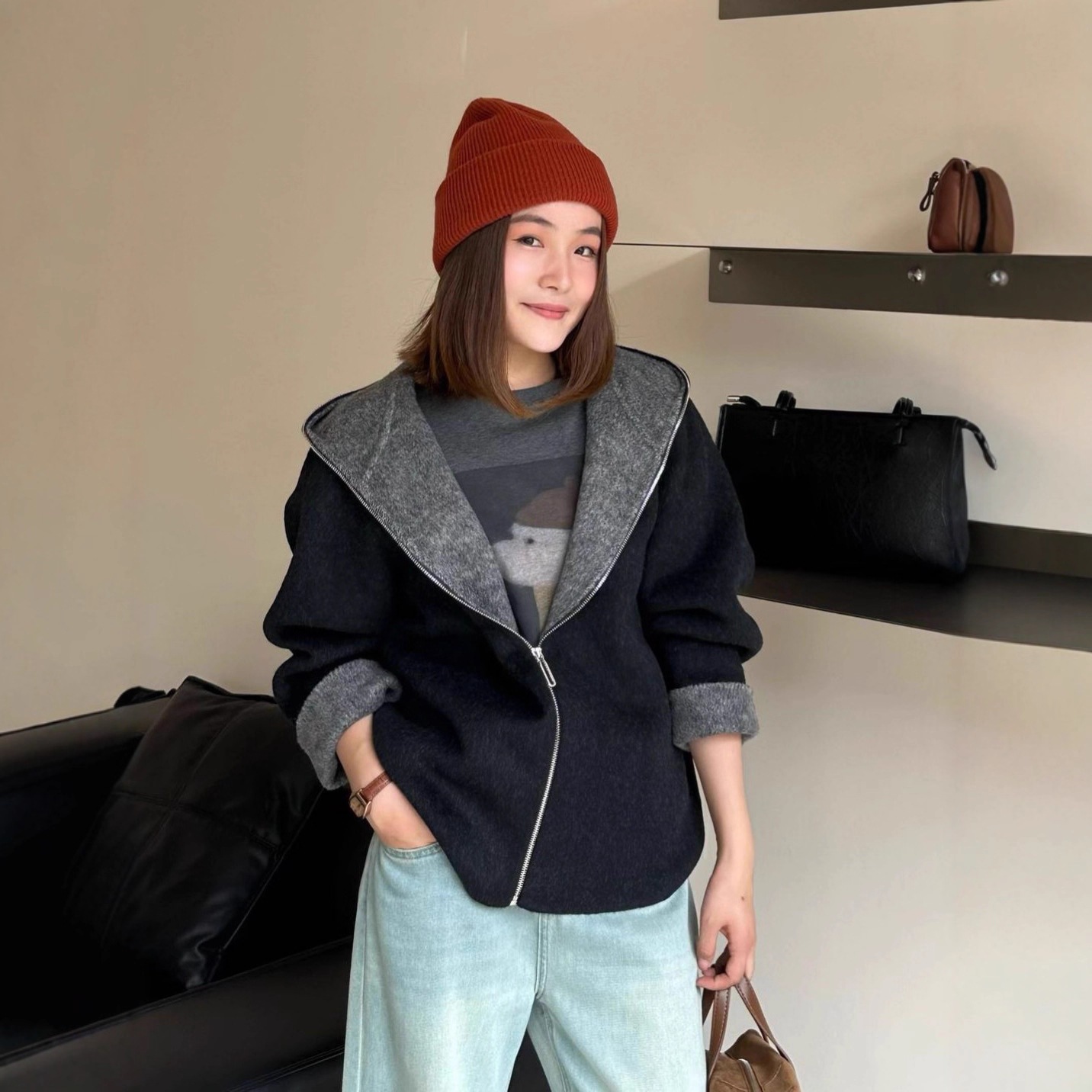 新しい韓国風のモーターサイクル風フード付きジップアップ両面ウールコートレディース秋冬シンプルゆったりカジュアルなウールの韓国風アウターウェア