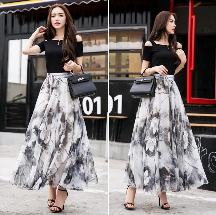 3241.マキシ丈 花柄シフォンスカート（グレー）2019 春夏 普段使い カジュアル シフォン 大人