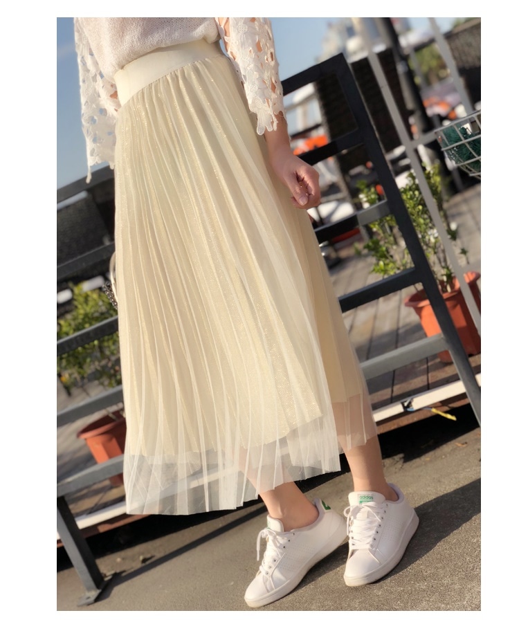 3115.マキシ丈 プリーツラメスカート（アプリコット）