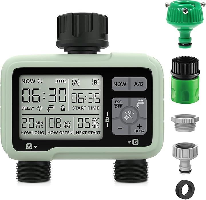 自動散水タイマー 散水ホース 2アウトレット 植物灌水 灌漑システム 給水 観葉植物 室内 鉢植え給水 自動灌漑/子供ロック/大雨遅延/手動灌漑 グリーン(アーミーグリーン, 大)