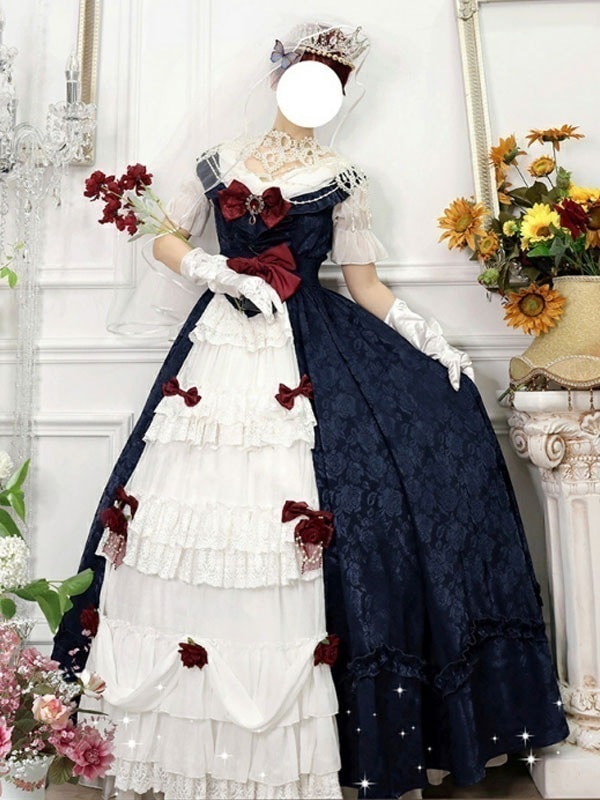【短納期】カスタマイズされた甘いロリータOPドレス白雪姫花柄半袖ネバーランドボウフリルホワイトティーパーティーロリータワンピースドレス
