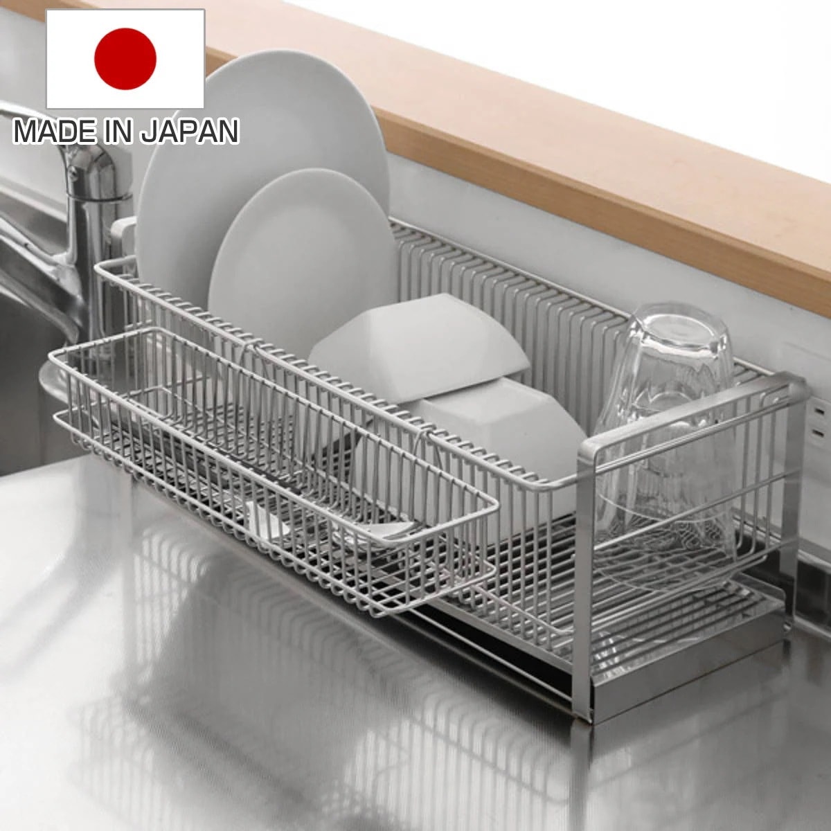 水切りラック TSUBAME 水切りラック（箸置き付） 横置き スリム ステンレス 日本製 燕三条 カトラリーポケット付き 水切りかご 水切りカゴ 水きりラック 水切りバスケット