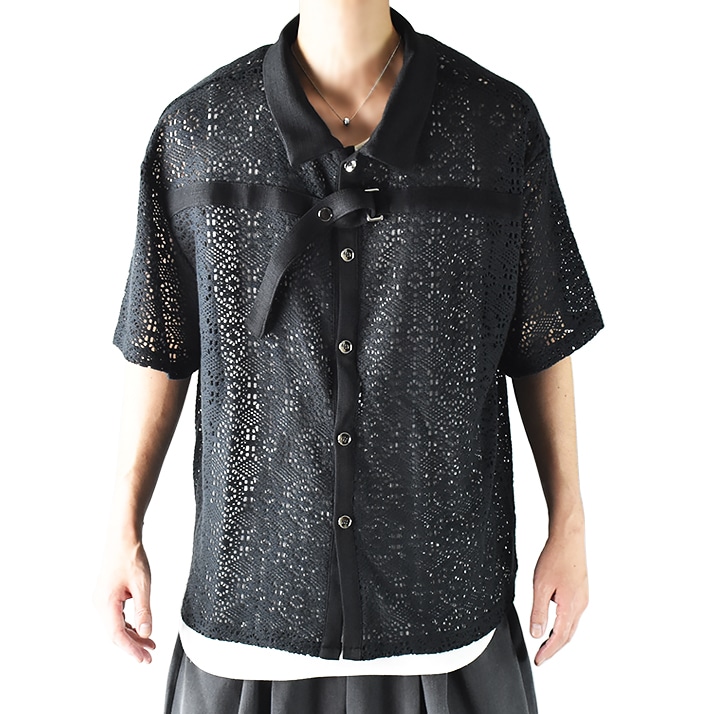 レースシャツ メンズ シャツ 半袖 柄シャツ モード系 半袖シャツ 襟付き V系 総柄 オーバーサイズシャツ ビッグシルエット 大きいサイズ ルーズフィット ゆったり 夏 夏服 黒 メンズシャツ