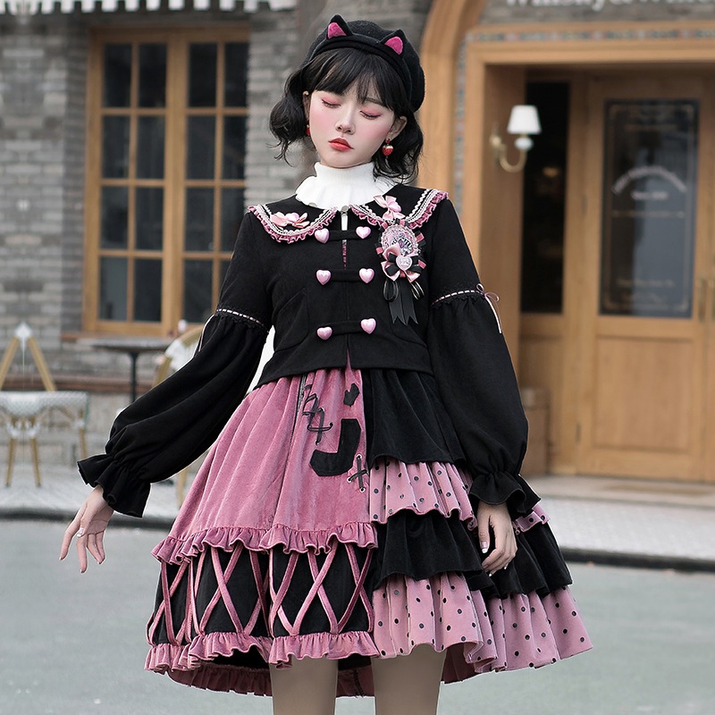 ロリータ冬スカートオリジナルエクスプロージョンラズベリーJSKレトロ配色ブラックスイートドレス秋冬ドレスフルセット