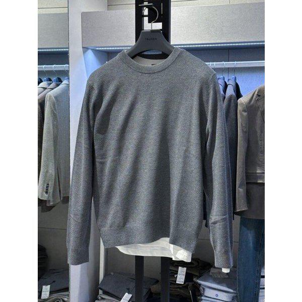 （ウール+）グレーワッフル組織ベーシックラウンドネックメンズニットセーター
