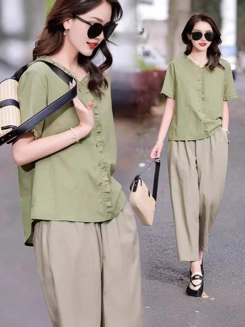 半袖 セットアップ スーツ スウェット上下セット 韓国 ルームウェア 綿麻スーツ新型婦人服2025夏モデル中年ママ半袖九分パンツ 涼しく楽ちんセットアップ 夏 レディース