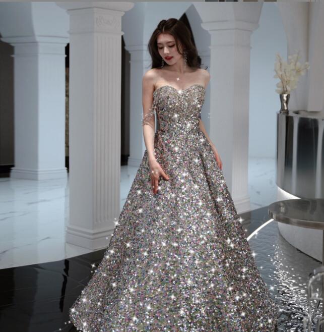 ウェディングドレス 結婚式 宴会 パーティー スパンコール グレー キラキラ ロングドレス レディース 女性 着やせ Aライン ハイウエスト キャミソール オフショルダー ノースリーブ おしゃれ 成人