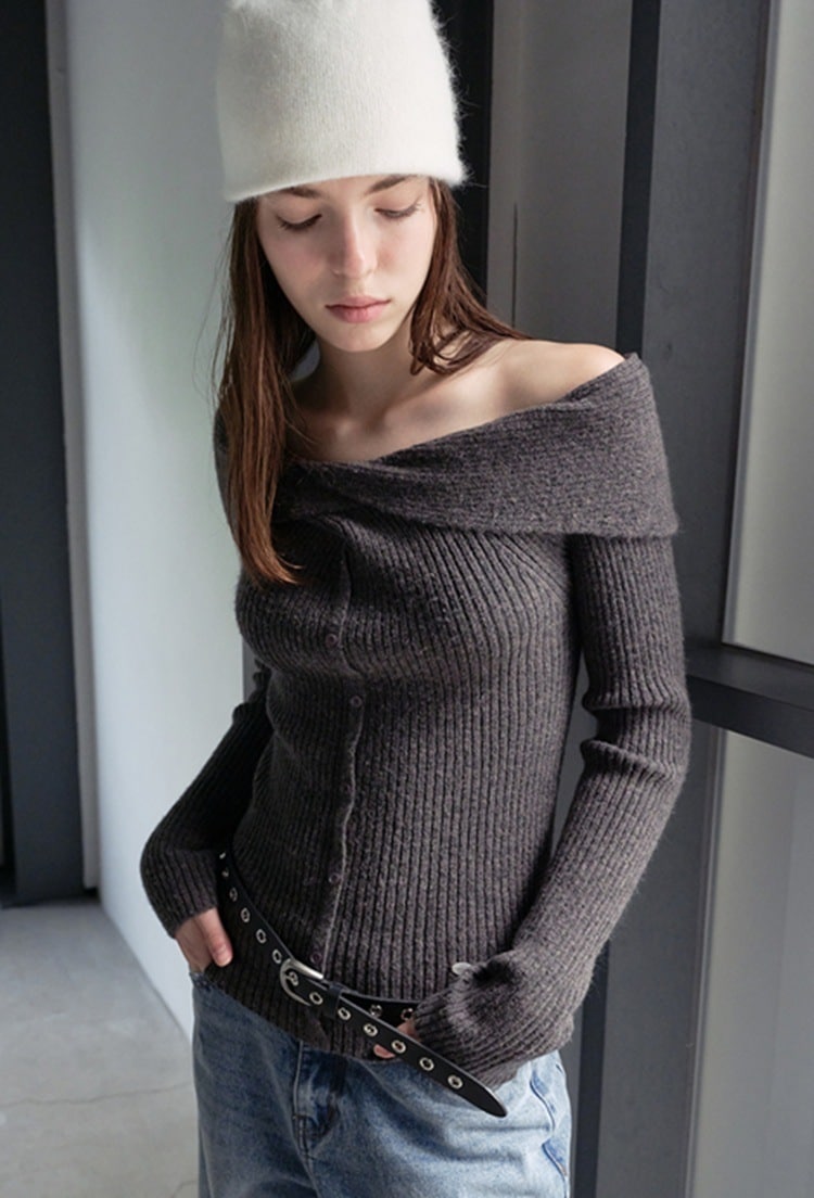 無地 長袖 リブ Tシャツ・カットソー [グレー]