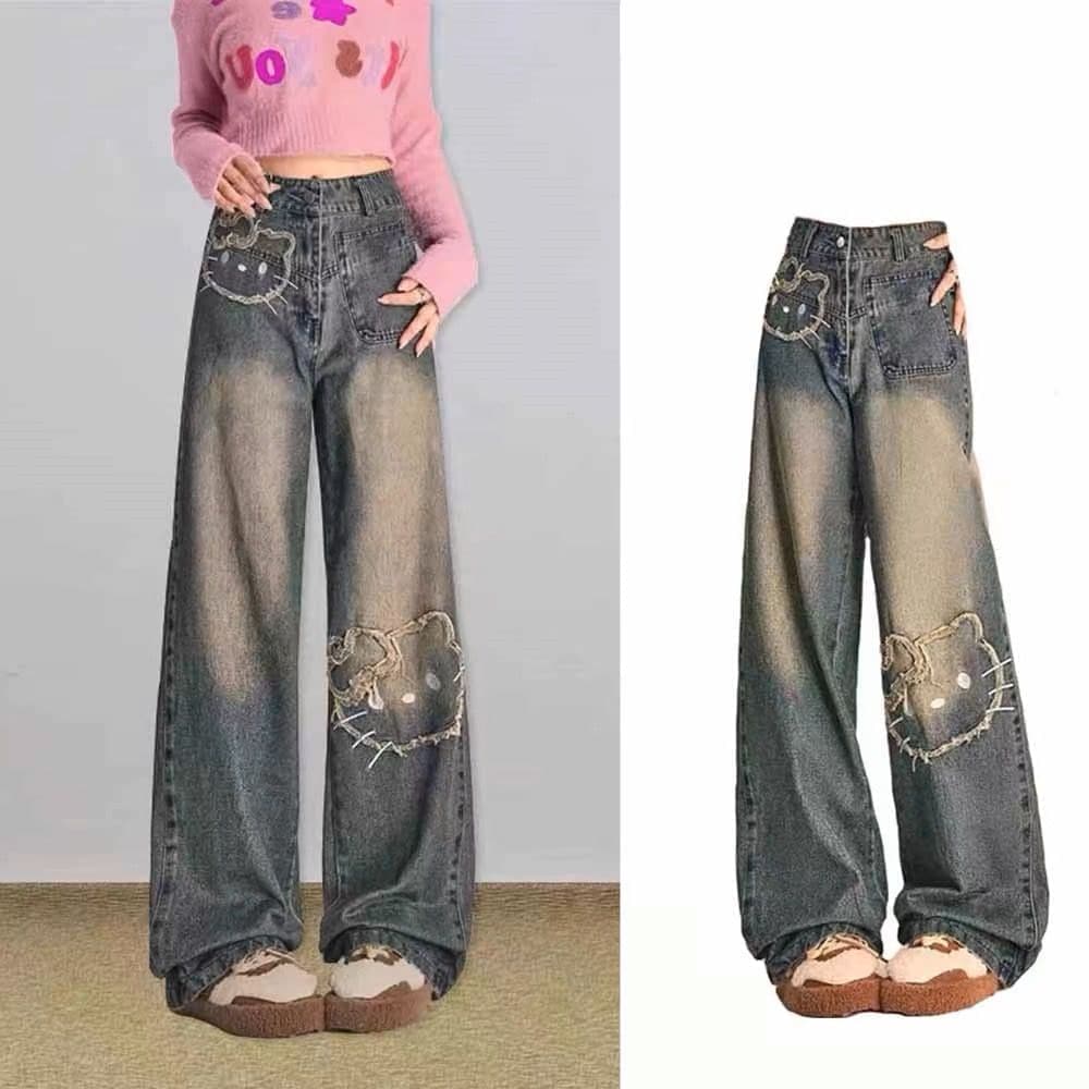 新着 ワイドパンツ ジーンズ レディース ジーパン キティちゃん ハイウエストデニム ズボンキティーちゃん パンツ デニムパンツ ダメージジーンズ