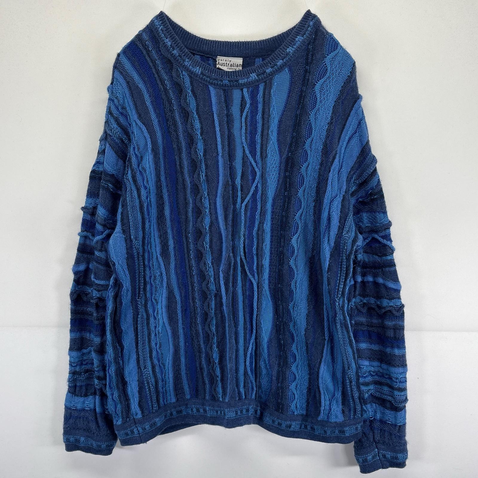 古着 ピュアリー・オーストラリアン ニット 大きいサイズ セーター 3Dニット ウールニット 総柄 2XL ブルー系 メンズ