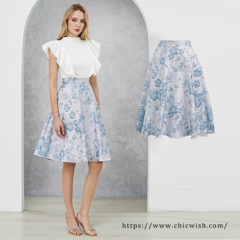 ハイウエスト ブルー花柄 エンボスジャカード ミディ Aラインスカート